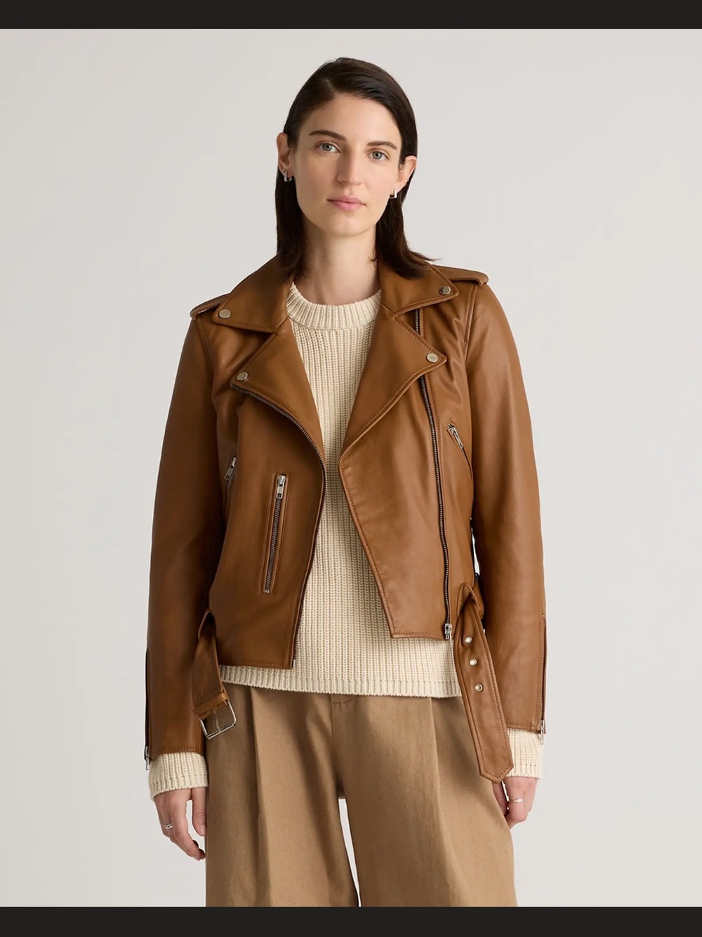 Quince Brown Leather Moto Jacket for Women